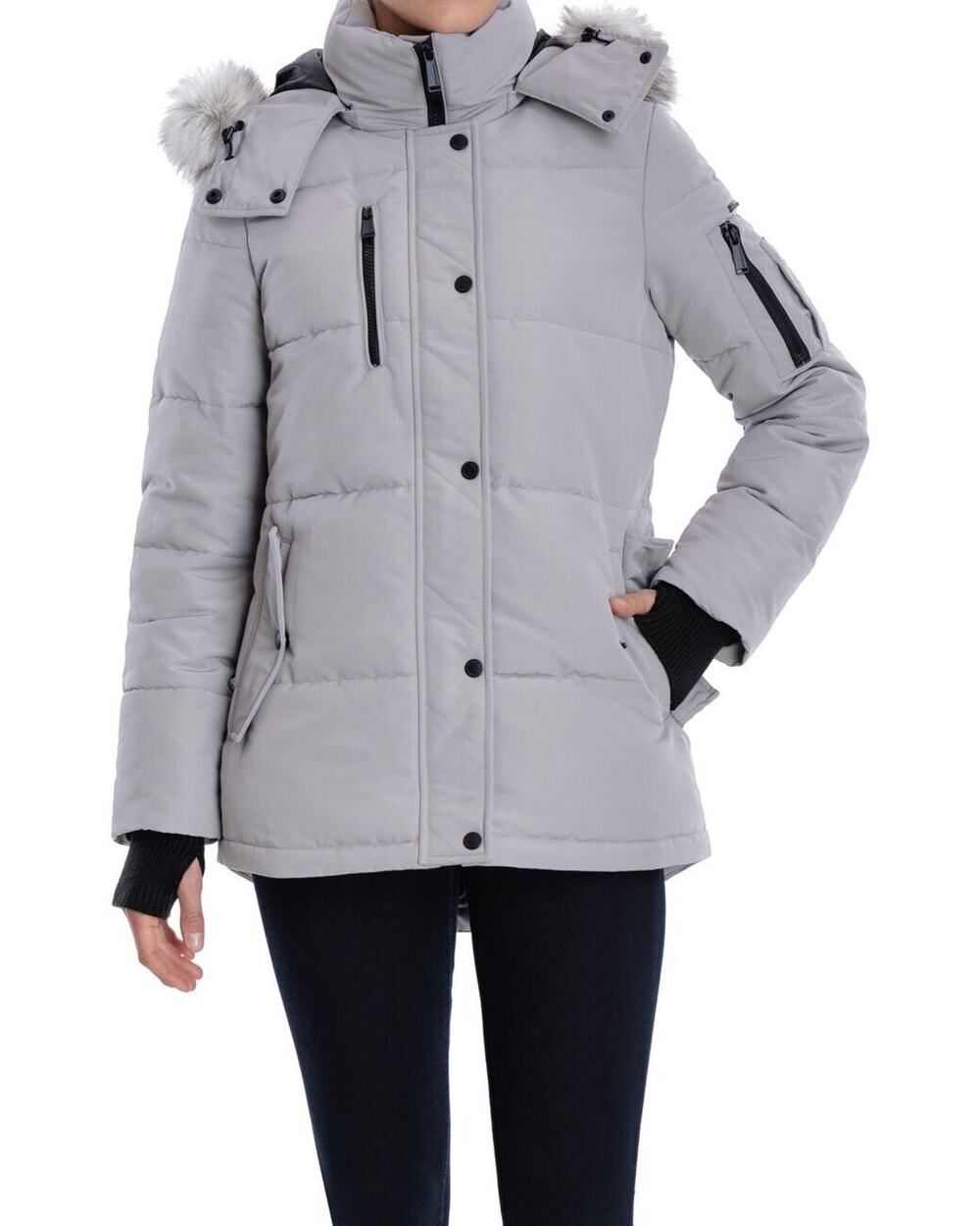 BCBGeneration Women’s Short Puffer Faux Fur Hooded Jacket Size S (c3)